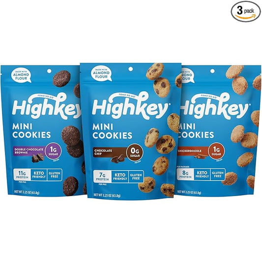 HighKey Sugar Free Cookies Variety Pack - 6.75oz Keto Snacks Zero Carb No Sugar 3-Pack Chocolate Chip Cookie, Snickerdoodle, Brownie Bites Low Carb Gluten Free Diabetic Snack Diet Friendly Food Sweets