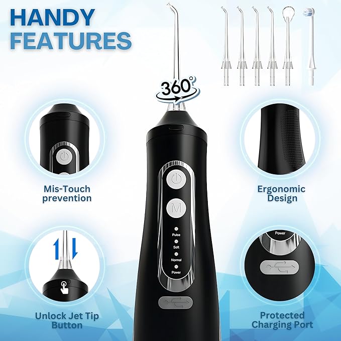 Dental Water Flosser Cordless, 310ML Electric 4 Cleaning 6 Replaceable IPX7 Waterproof (6 Tips)
