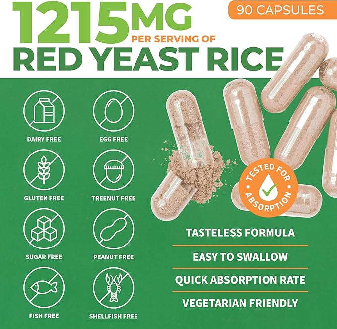 Red Yeast Rice 1200 mg. Capsules CoQ10 Supplement, 90 Veggie