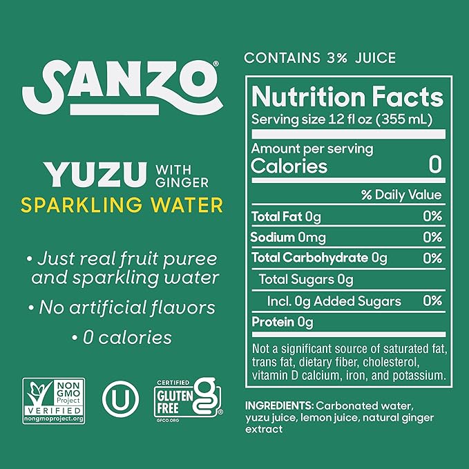 Sanzo Flavored Sparkling Water - Yuzu (Lemon) 12-Pack - Carbonated Drink Made with Real Fruit & Sugar-Free - Non-GMO, Gluten-Free & Vegan - 12 Fl Oz Cans - Pair With Ginger For Balanced Punch