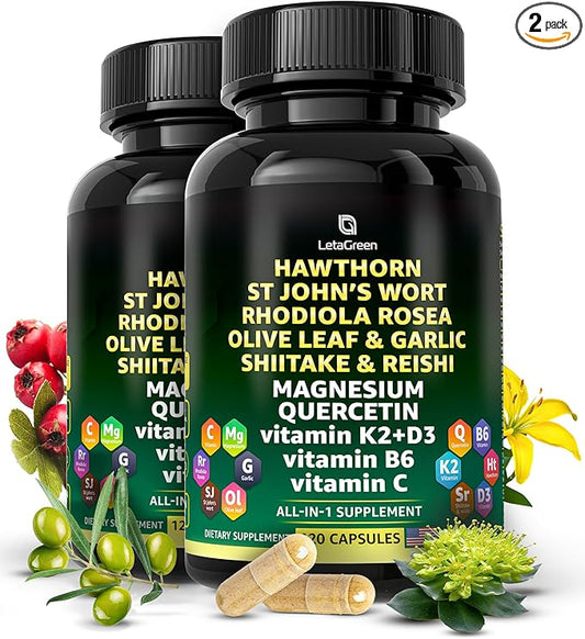 Organic Hawthorn Berry Capsules 2000mg with 2500mg Rhodiola 4000mg Olive 1000mg Shiitake 1000mg Reishi 1000mg Quercetin 150mg (240 (240 Count)