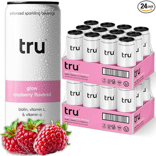 Tru Glow Seltzer, Biotin Beauty Drinks with Vitamin A, Raspberry Fruit Juice Flavored Sparkling Water, Caffeine Free, Kosher, Gluten Free, Low Calories, No Sugar Added Beverages, 12oz (Pack of 24)