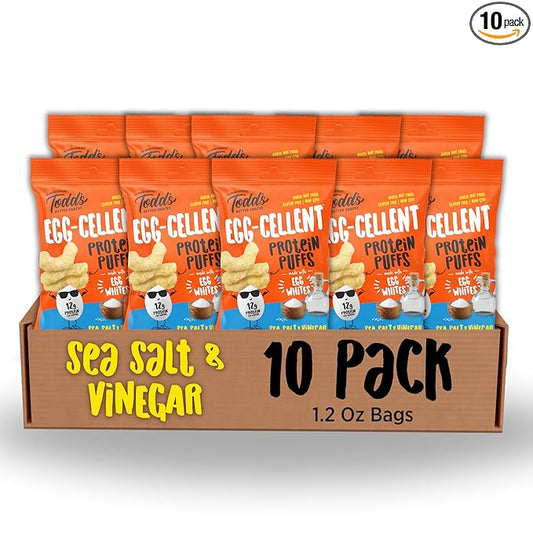 Todd's Better Snacks Egg-Cellent Protein Puffs, Sea Salt & Vinegar, 1.2 Oz (Pack of 10), Made with Egg Whites, 12g Protein, Gluten Free Healthy Snack