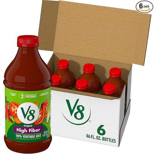 V8 High Fiber Original 100% Vegetable Juice, 46 fl oz Bottle (6 Pack)