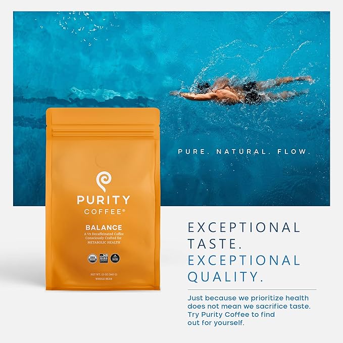Purity Coffee BALANCE ⅔ Decaf Medium Roast Whole Bean Coffee (12oz Bag) - Specialty-Grade Mountain Water Processed Decaf + Regular Arabica Blend- USDA Certified Organic Decaffeinated - Third Party Tested for Mold, Mycotoxins, Pesticide Residue