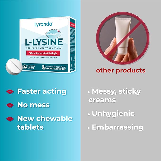 1000 mg chewable L-Lysine Tablets to Treat Cold sores - Faster Absorption and Better Hygiene