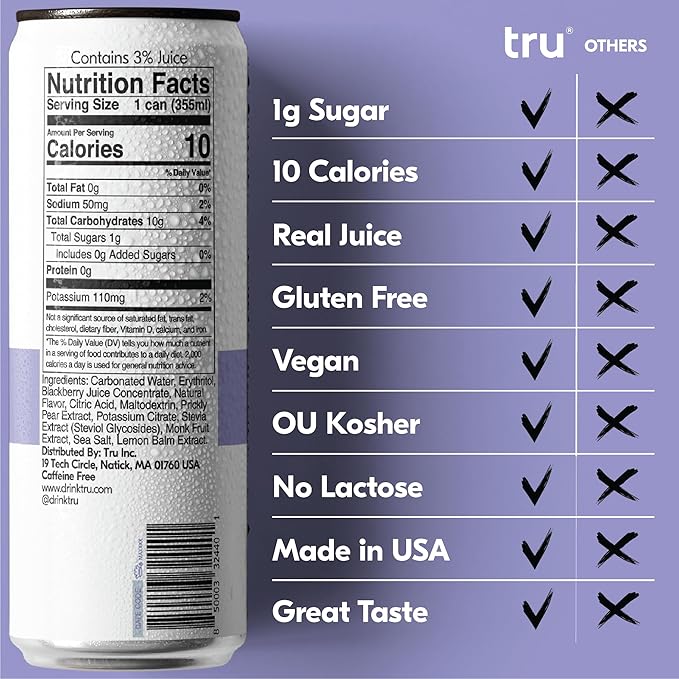 Tru Rescue Seltzer, Blackberry Flavored Sparkling Water Made with Real Fruit Juice - Hydration Detox Drink plus Electrolytes - Caffeine Free, Kosher, GF, No Added Sugar Beverages, 12oz (Pack of 24)