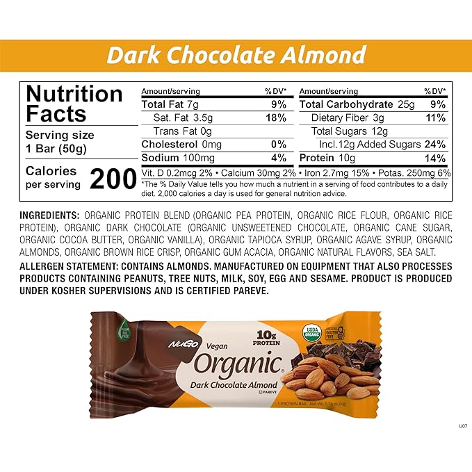 Nugo Organic Dark Chocolate Almond, 10g Vegan Protein, Gluten Free, 24 count