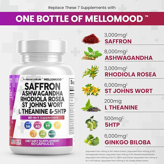 Clean Saffron Supplements with Ashwagandha 8000mg 200mg, Ginkgo 6000mg, St. 6000mg, Rhodiola 3000mg & 5-HTP 500mg 500mg -