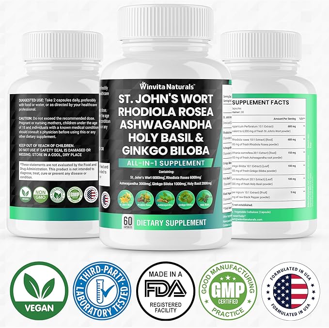 St Johns Wort 6000mg Rhodiola Rosea 6000mg Ashwagandha 3000mg Holy 2000mg Ginkgo 1000mg -
