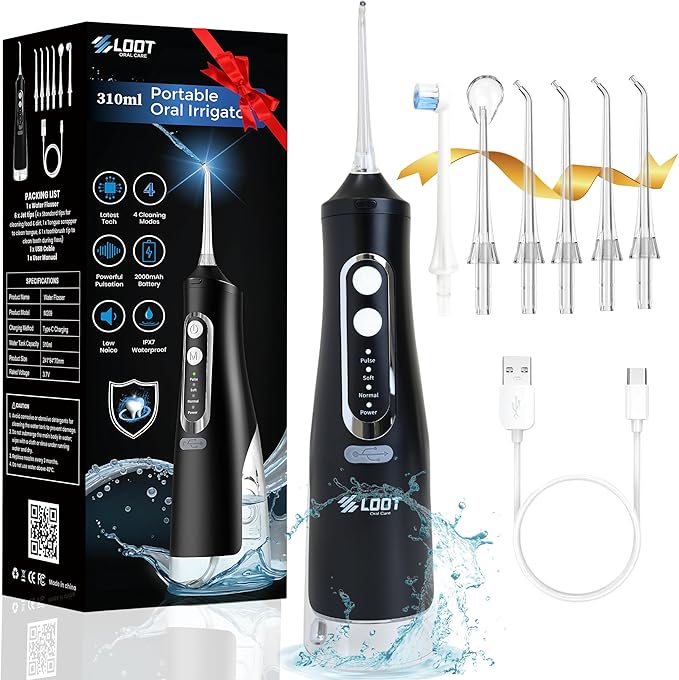 Dental Water Flosser Cordless, 310ML Electric 4 Cleaning 6 Replaceable IPX7 Waterproof (6 Tips)