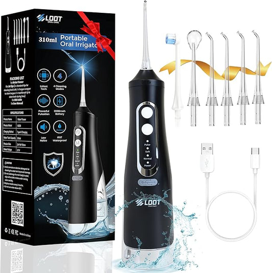 Dental Water Flosser Cordless, 310ML Electric 4 Cleaning 6 Replaceable IPX7 Waterproof (6 Tips)