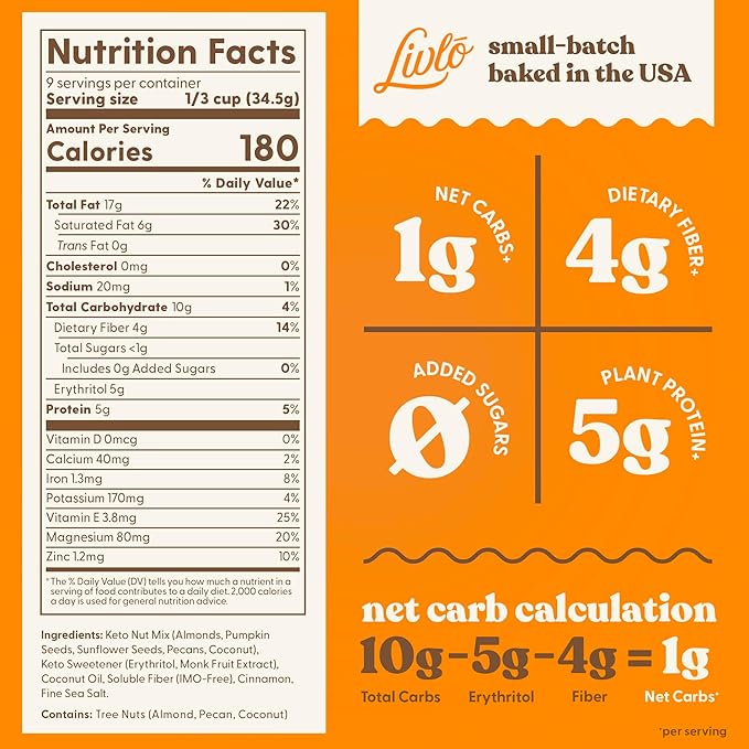 Livlo Keto Nut Granola Cereal - Grain Free & Gluten Free - 1g Net Carbs - Keto Friendly Low Carb Healthy Snack - Paleo & Diabetic Friendly Food - Cinnamon Almond Pecan, 11oz
