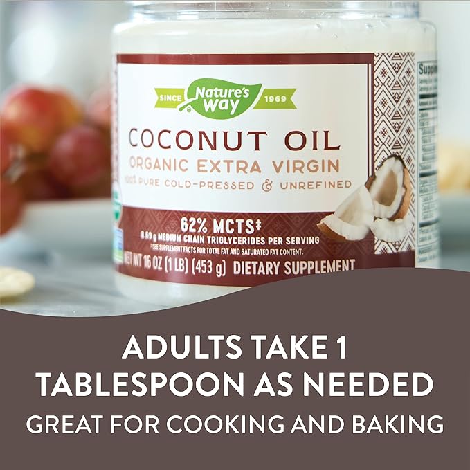 Nature's Way Organic Extra Virgin Coconut Oil, Pure and Unrefined, 62% MCTs, 16 Oz