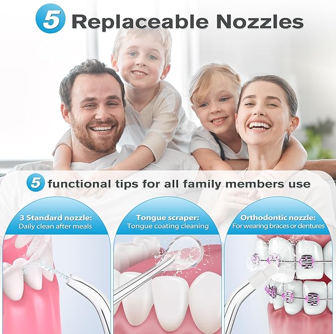 TOVENDOR Water Dental Flosser, Rechargeable Dental 3 Modes, 5 Tips 300ML Large IPX7 Waterproof