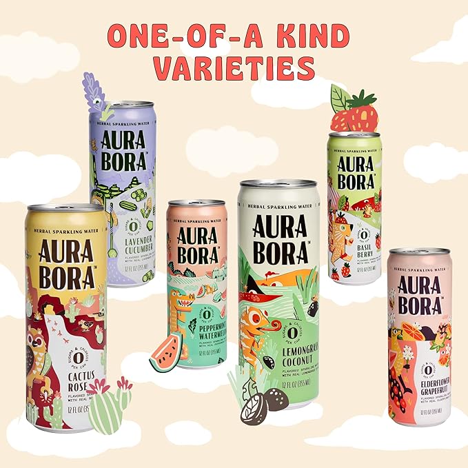 Aura Bora, Ginger Meyer Lemon Herbal Sparkling Water, 12 oz Can (Pack of 12), 0 Calories, 0 Sugar, 0 Sodium, Non-GMO