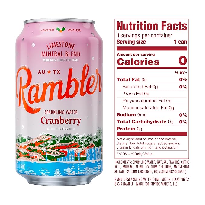 AUTX RAMBLER Sparkling Water, Limestone Mineral Blend, Cranberry Flavor, Limited Edition, 12 oz, Three 8-Packs (24 cans)