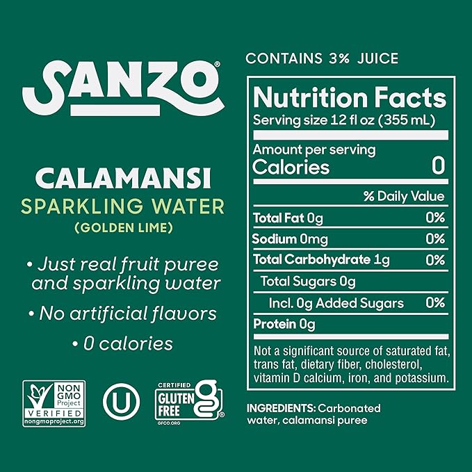 Sanzo Flavored Sparkling Water - Calamansi (Lime) 12-Pack - Carbonated Drink Made with Real Fruit and Sugar-Free - Non-GMO, Gluten-Free & Vegan - 12 Fl Oz Cans - Tart Lime with Hints of Tangerine