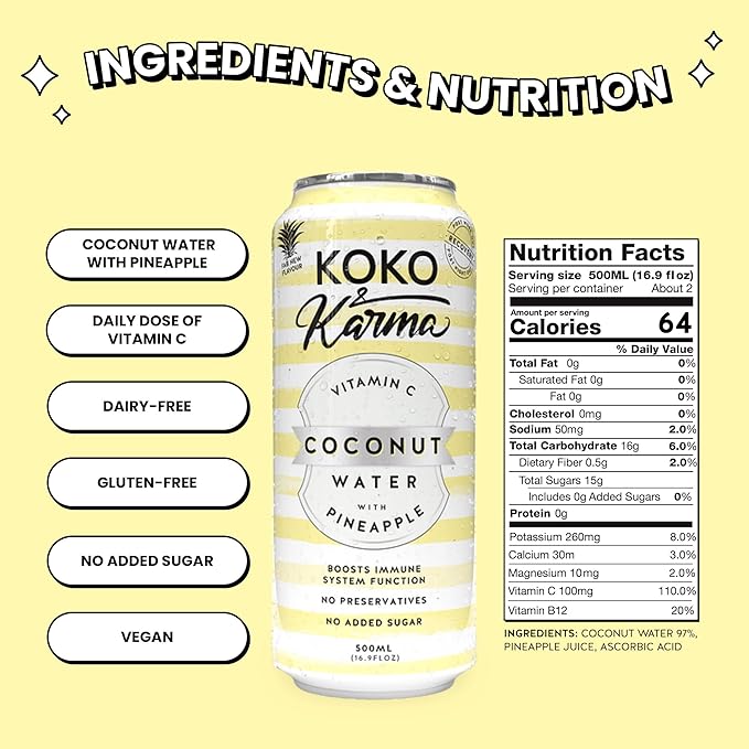 Koko & Karma – Premium Coconut Water with Pineapple & Vitamin C, Refreshing Taste with Natural Sweetness – 12 Pack, 16.9 Ounce Cans