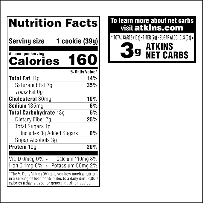 Atkins Chocolate Chip Protein Cookie, Protein Dessert, Rich in Fiber, 3g Net Carb, 1g Sugar, Keto Friendly, 4 Count