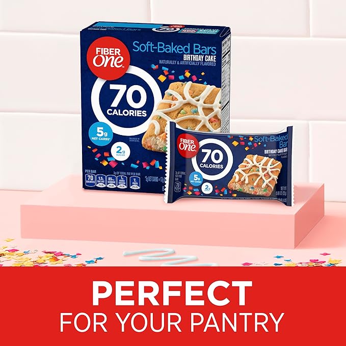 Fiber One 70 Calorie Soft-Baked Bars, Birthday Cake, Snack Bars, 6 ct (Pack of 8)