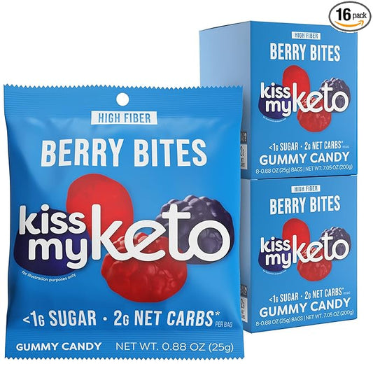 Kiss My Keto Gummies Candy – Low Carb Candy Berry Bites, Keto Snack Pack – Healthy Candy Gummys – Vegan Candy, Keto Gummy Candy – Keto Candy Gummies (16-pack)