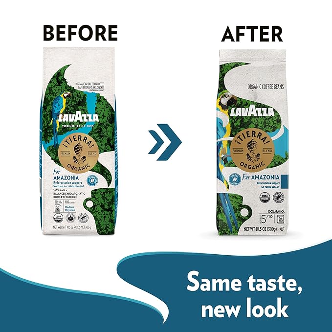 Lavazza ¡Tierra Organic Amazonia Whole Bean Coffee Medium Roast, Floral Notes, 10.5 Oz (Pack of 6) - Packaging May Vary