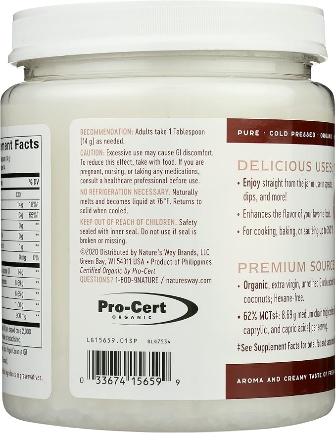 Nature's Way Organic Extra Virgin Coconut Oil, Pure Source of MCTs, Cold-Pressed, 32 Oz.