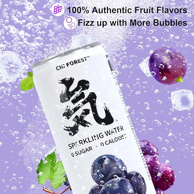 CHI FOREST Grape Sparkling Water 24 Cans, Flavored Sparkling Water, 0 Sugar and 0 Calorie Bubbly Water, Refreshing Carbonated Water, Perfect for Party, Exercise or Work, 11.16 Fl oz, Pack of 24