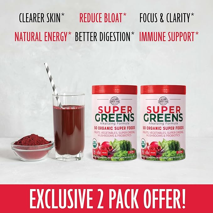 COUNTRY FARMS Super Greens Berry Flavor, 50 Organic 40 Servings, 21 Oz, 2 Pack