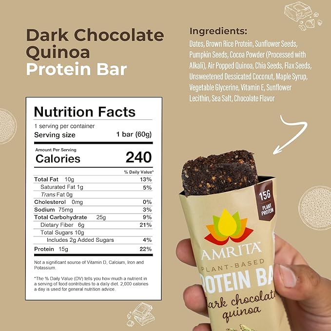 AMRITA Dark Chocolate Quinoa Vegan Protein Bars 15g of