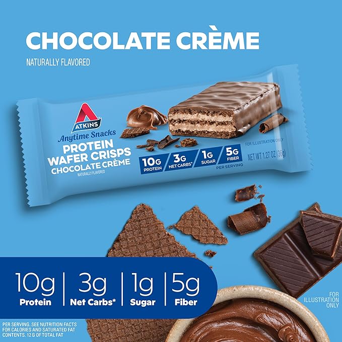 Atkins Chocolate Crème Protein Wafer Crisps, Protein Dessert, 4g Net Carb, 1g Sugar, High in Fiber, Keto Friendly, 5 Count