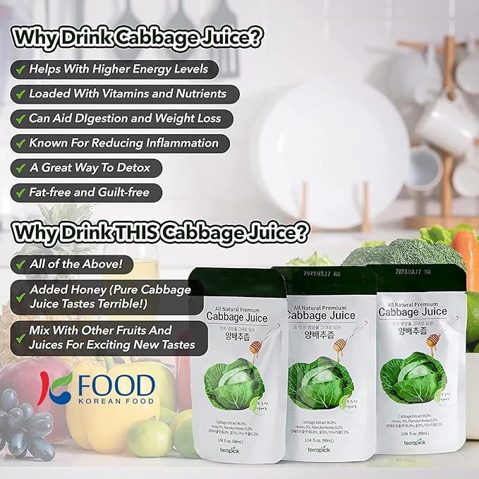 TerraPick Green Cabbage Juice Sweetened with Manuka Honey - Natural Cabbage Extract Juice Vegetable Juice Superfood (3.04 fl oz X 30 pouches)