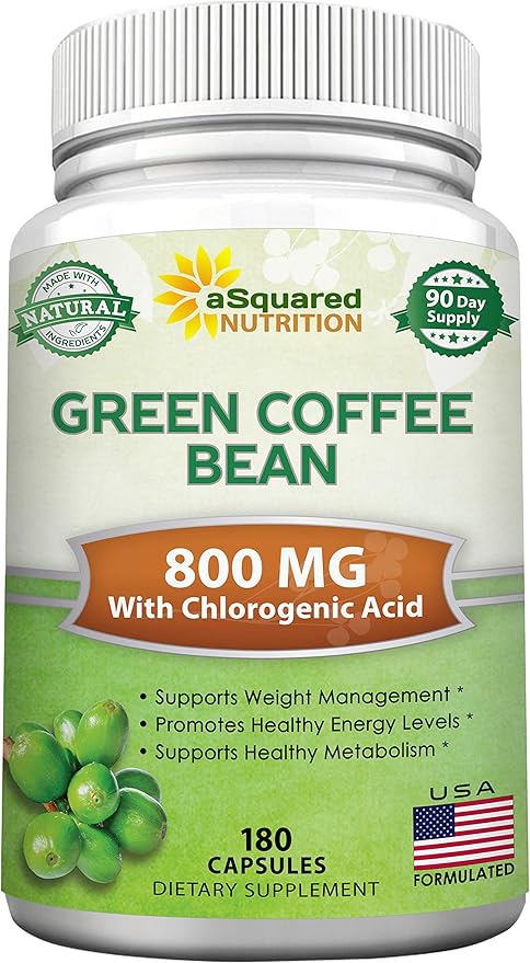 aSquared Nutrition Natural Green Coffee Bean Formula-180 Capsules-Max 800mg per Acid-1600mg Daily