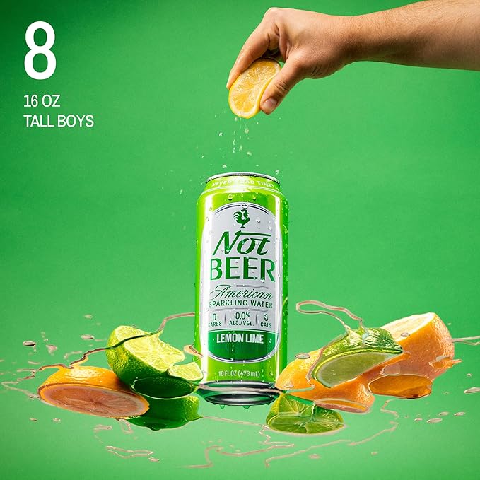 Not Beer American Sparkling Water, Lemon Lime, 99.9% Pure, Mineral & Electrolyte Blend, Flavored Carbonated Soda Water, Made in America, 16 Oz Tallboy Cans, 8 Pack