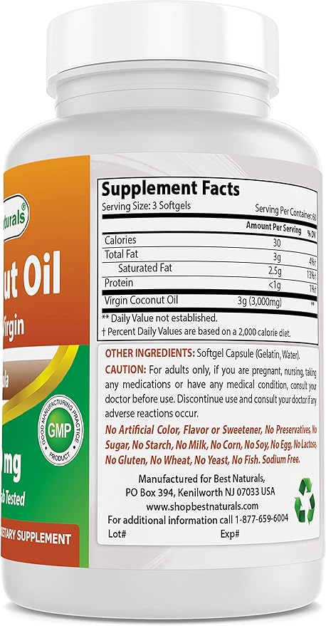 Best Naturals Extra Virgin Coconut Oil 1000 mg Softgel, 180 Count