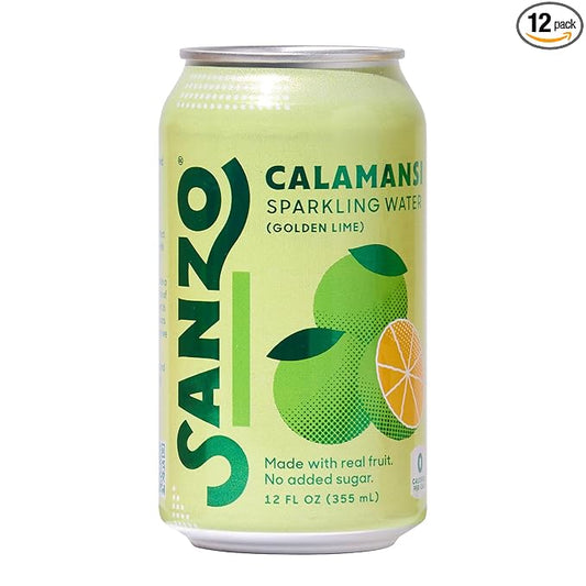 Sanzo Flavored Sparkling Water - Calamansi (Lime) 12-Pack - Carbonated Drink Made with Real Fruit and Sugar-Free - Non-GMO, Gluten-Free & Vegan - 12 Fl Oz Cans - Tart Lime with Hints of Tangerine