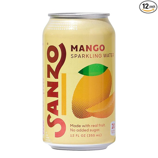 Sanzo Flavored Sparkling Water - Mango (Alphonso), 12-Pack - Carbonated Drink Made with Real Fruit & Sugar-Free - Non-GMO, Gluten-Free & Vegan - 12 Fl Oz Cans - Radiant Orange, Sweeter & Less Fibrous