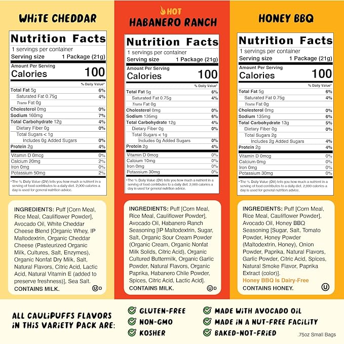 CauliPuffs Classic Variety Pack (Non-Vegan Box of 15, 0.75oz bags) - 5 bags each Honey BBQ, White Cheddar, Habanero Ranch