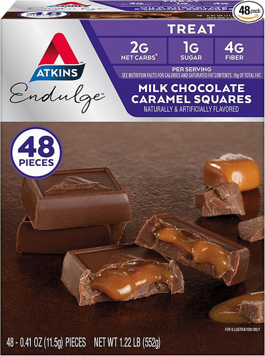 Atkins Endulge Milk Chocolate Caramel Squares, Dessert Favorite, Good Source of Fiber, 1g Sugar, 48 Count (16 Servings)