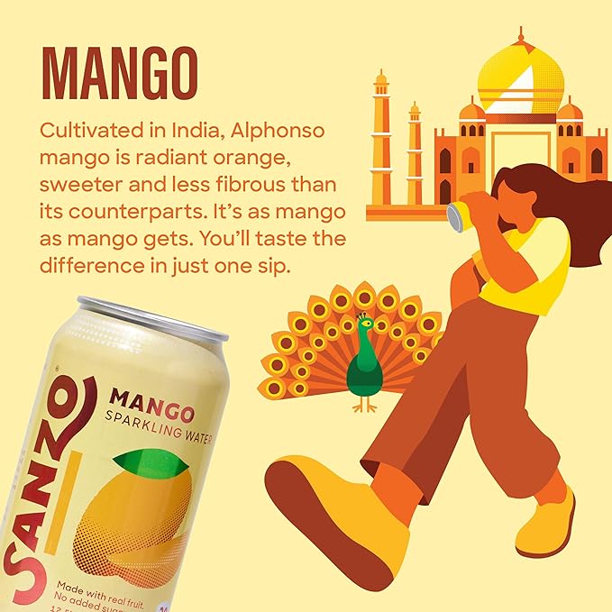 Sanzo Flavored Sparkling Water - Mango (Alphonso), 12-Pack - Carbonated Drink Made with Real Fruit & Sugar-Free - Non-GMO, Gluten-Free & Vegan - 12 Fl Oz Cans - Radiant Orange, Sweeter & Less Fibrous