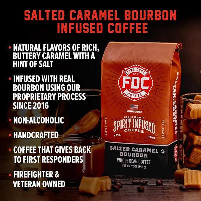 Fire Department Coffee - Salted Caramel Bourbon Coffee - Gives Back to Firefighters - Premium Bourbon Infused - Whole Bean Medium Roast - Non-Alcoholic - Roasted in the USA - Veteran Owned - 12 oz