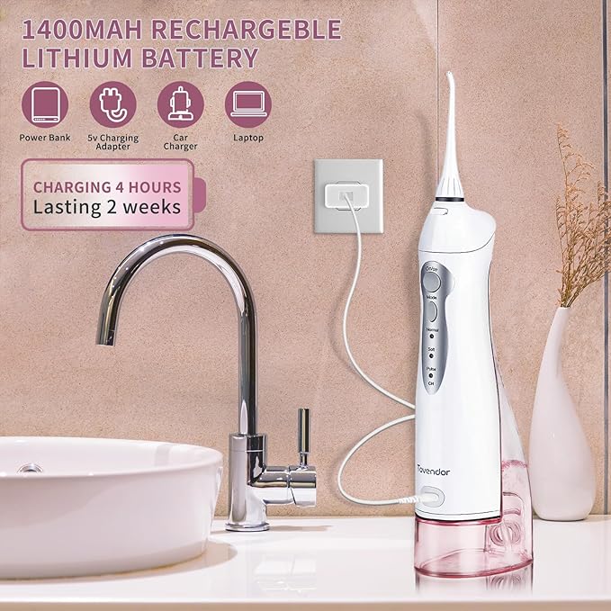 TOVENDOR Electric Water Flosser, Rechargeable Dental 3 Modes, 5 Tips (300ML, IPX7Waterproof IPX7Waterproof Waterflosser)