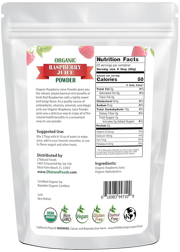 Organic Red Raspberry Juice Powder - Superfood Berry Supplement - Mix In Drinks, Shakes, Smoothies, Cakes, Cooking & Baking Recipes - Non GMO, Gluten Free, Vegan, Kosher - 1 lb