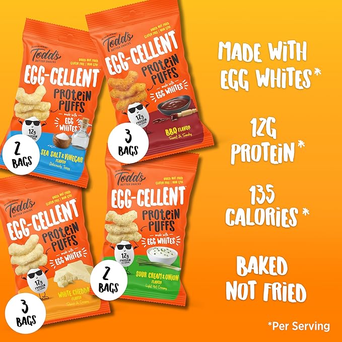 Todd's Better Snacks Egg-Cellent Protein Puffs, Variety Pack, 1.2 Oz (Pack of 10), Made with Egg Whites, 12g Protein, Gluten Free Healthy Snack