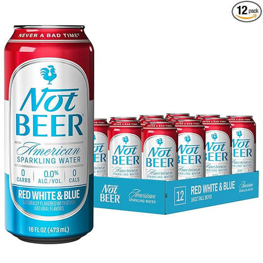 Not Beer American Sparkling Water, Red White & Blue, 99.9% Pure, Mineral & Electrolyte Blend, Carbonated Soda Water, Made in America, 16 Oz Tallboy Cans, 12 Pack