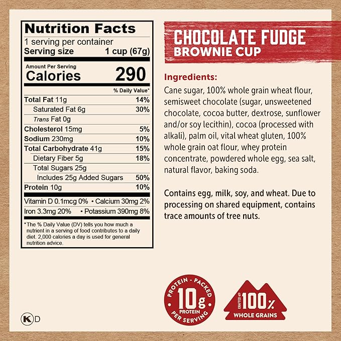 Kodiak Cakes Chocolate Fudge Brownie in a Cup, 2.36 Ounce (Pack of 12) (Packaging May Vary)
