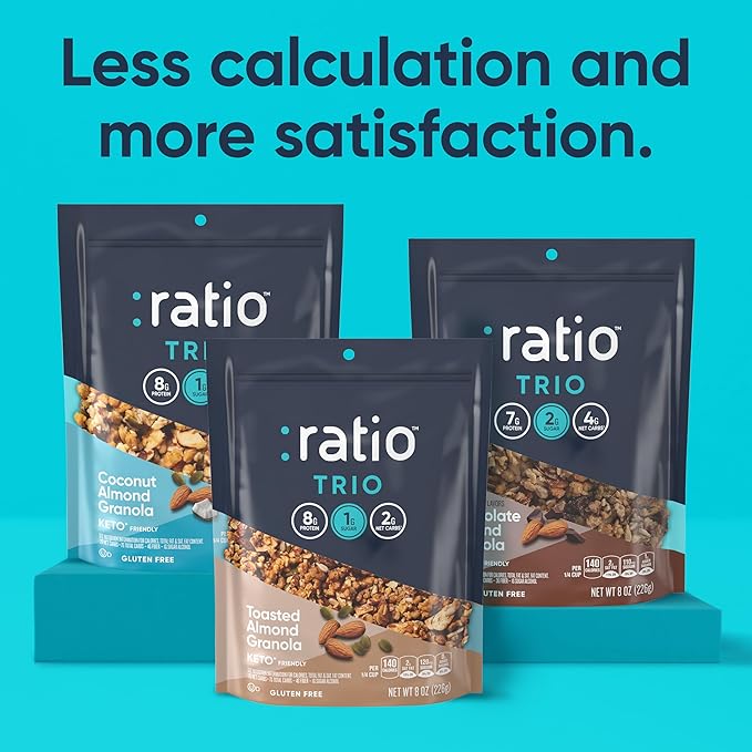 Ratio Trio Chocolate Almond Granola Cereal, 2g Sugar, Keto Friendly, 8 oz Resealable Cereal Bag