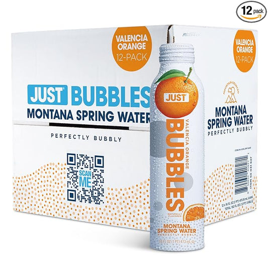 JUST Bubbles Valencia Orange- Pure Premium Sparkling Spring Water in a Fully Recyclable Reusable Eco-Friendly Bottle - 100% Mountain-Sourced Carbonated Water with Naturally Occurring Minerals, 16 Fl