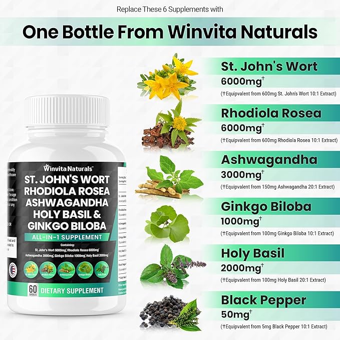 St Johns Wort 6000mg Rhodiola Rosea 6000mg Ashwagandha 3000mg Holy 2000mg Ginkgo 1000mg -